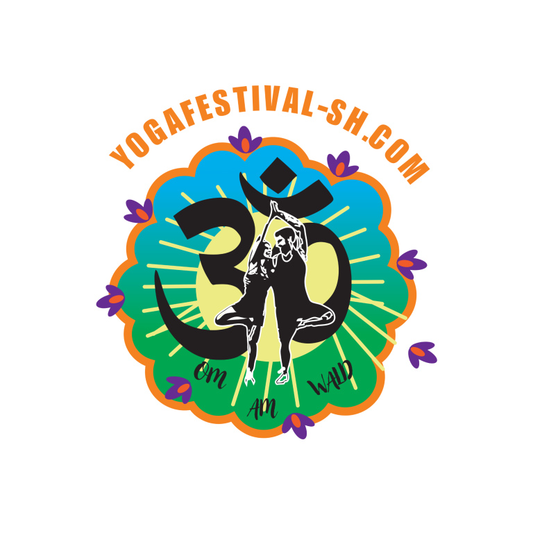 Logo des Yoga-Festivals mit Om-Symbol und bunten Blumenranken.